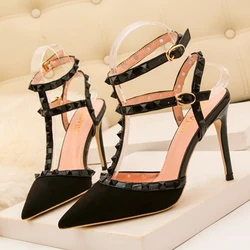 Woman T-strap Buckle Rivet Sandals 10CM Fashion High Heels Women Pumps 2025 Pointed Toe Flock Sexy Wedding Party Red Black Shoes