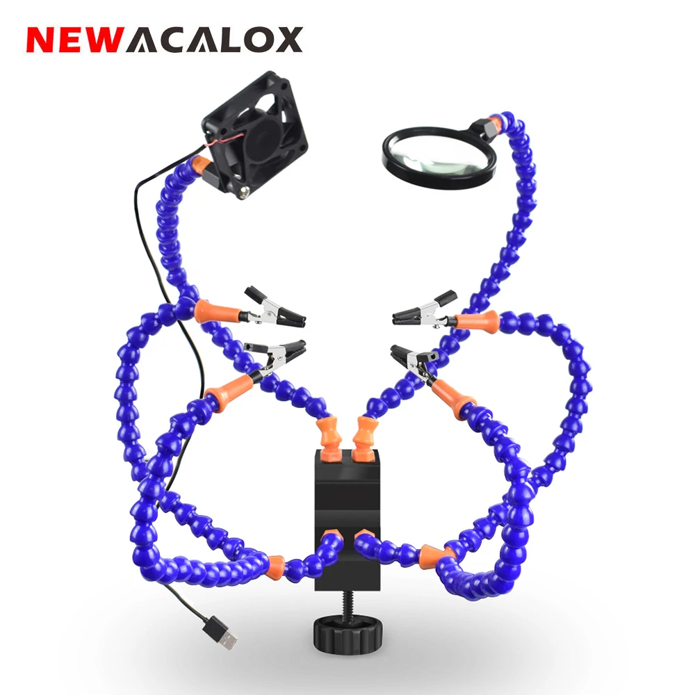 

NEWACALOX Desk Clamp Soldering PCB Holder Helping Hand Welding Station 3X LED Magnifier Magnifying Flexible Soldering Third Hand