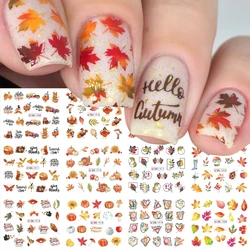 12pcs Golden Maple Leaf Nail Water Decals Geometry Fox Pumpkin Transfer Slider Autumn Design Fall Sticker Manicure NTBN1909-1920