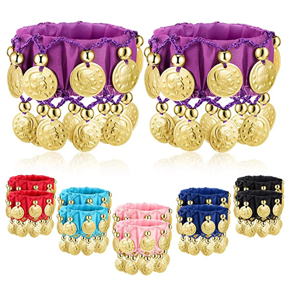 1 Pair Belly Dance Wrist Ankle Cuffs Bracelets Chiffon Gold Coin Belly Dance Costume Accessory Valentine\'s Day Gift Jewelry Girl