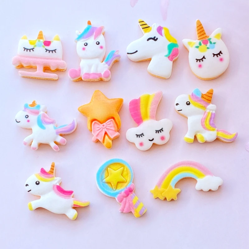 

30Pcs Cartoon rainbow colored unicorn horse with rainbow clouds Resin Cabochons Scrapbooking DIY Jewelry Craft Decoration