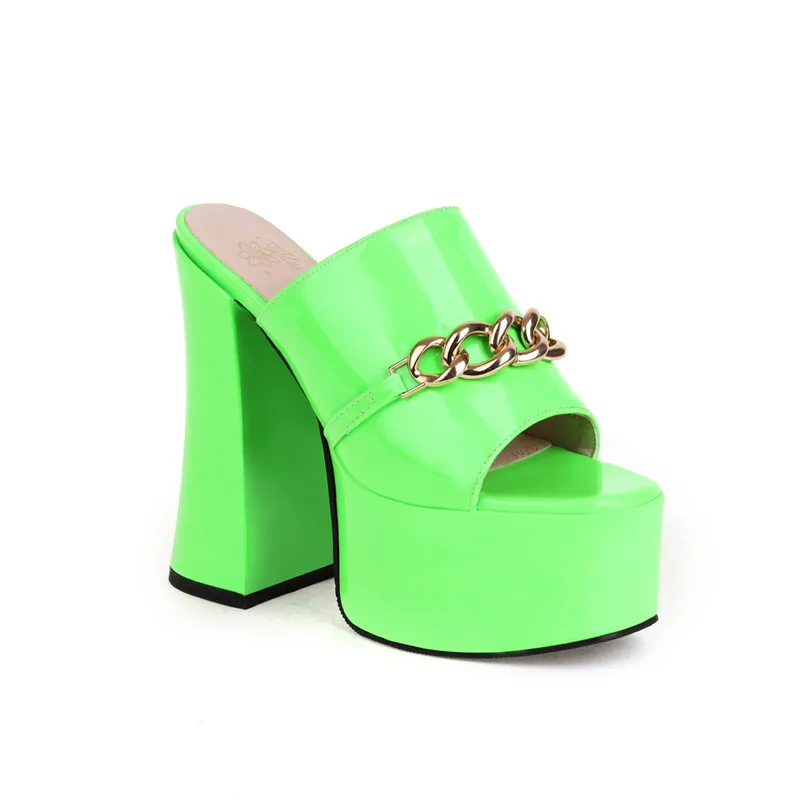 Asumer 2021 Summer Slippers New Sexy High Heels Platform Shoes Peep Toe Chain European Style Party Shoes Women Slippers Green