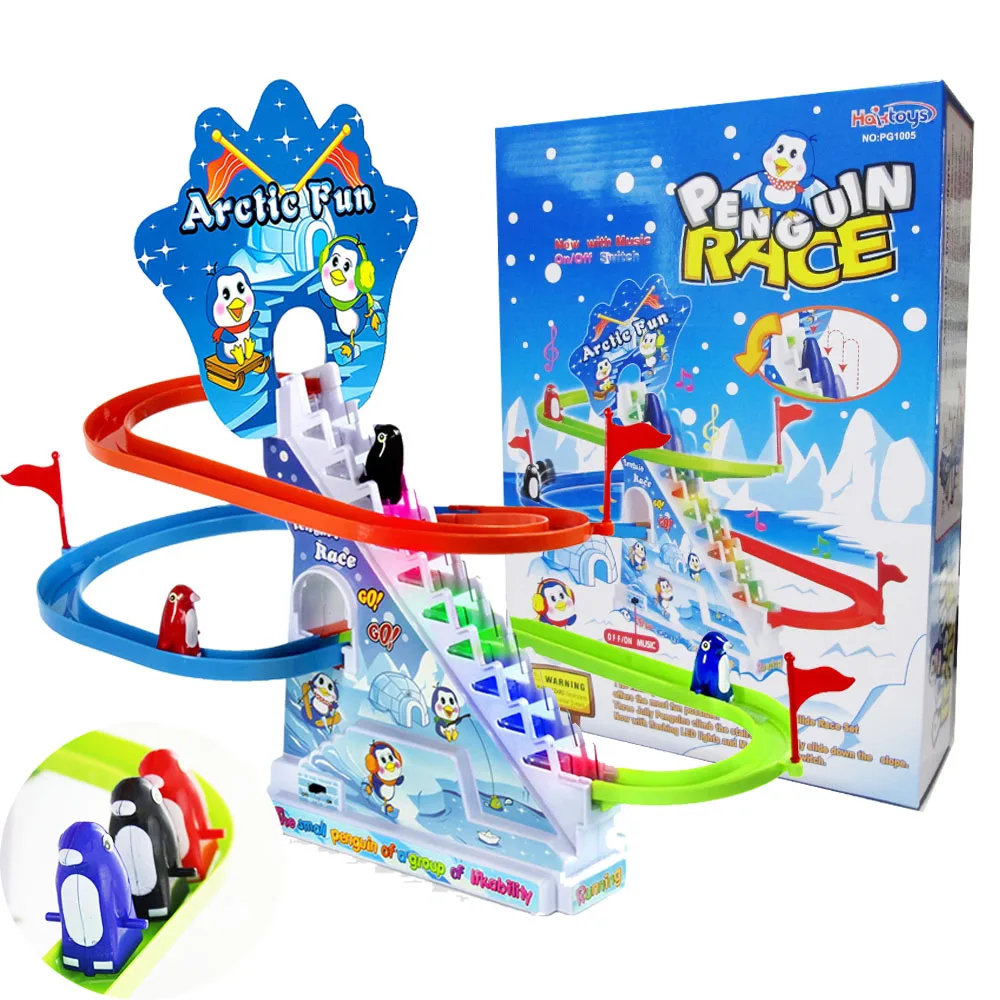 Battery Operated Arctic Fun Playful Penguin Race Set With Flashing Lights Musical Penguin Slide Electric Climb Stairs Track Toys