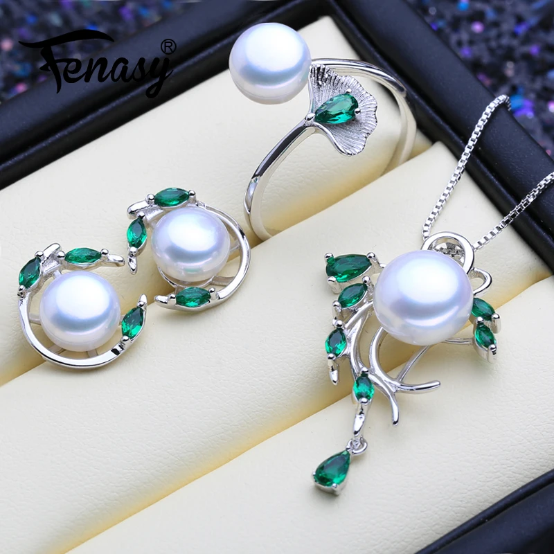 

FENASY 925 Sterling Silver Emerald Jewelry Sets Natural Pearl Stud Earrings Bohemian Pendant Necklace Women Green Stones Ring
