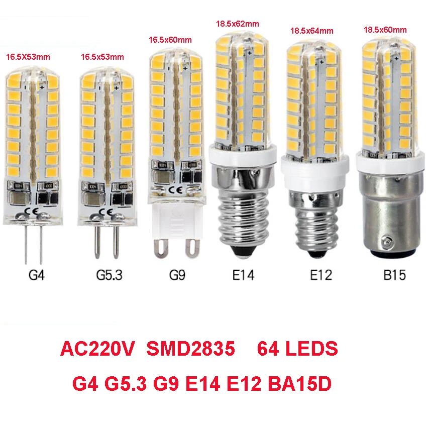 

50pcs AC220V G4 G5.3 G9 E12 E14 BA15D LED Bulb 64SMD 2835 LED Corn Lamp LED Silicone Crystal Chandelier Bulb White Warm White