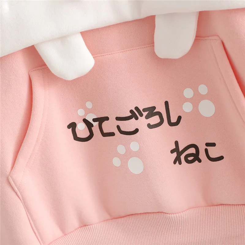 Harajuku Kawaii Women Cute Hoodie Black Pink Long Sleeve Graphic Cat Ear Funny Anime Teen Girls Pullover Vintage Sweatshirt 2021