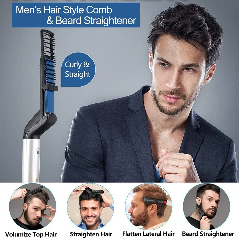 Peine calefactor multifuncional para hombres, cepillo alisador para el cuidado de la barba, plancha plana para alisar el cabello, estilizador rápido