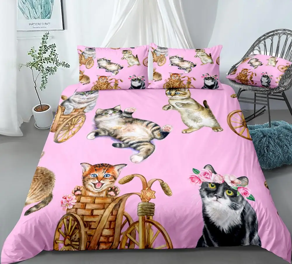 Watercolor Cats Bedding Kids Boys Girls Cute Playful Cats Duvet Cover Set Cartoon Pet Quilt Cover Pink Bed Set Queen Dropship