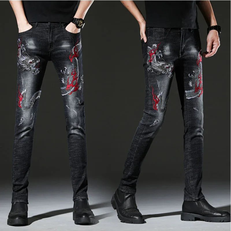 

Personalized youth embroidery ripped jeans men beggar feet pants casual stretch black feet pants men fashion casual jeans