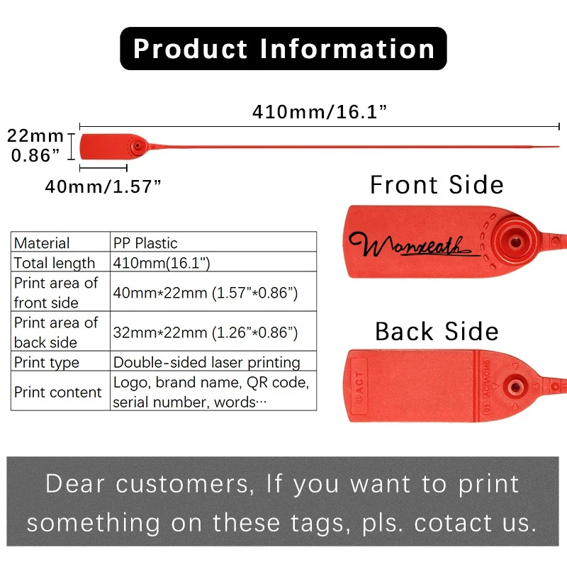 100Pcs Custom Security Seals Plastic Disposable Anti Theft Garment Logo Hang Tag Labels for Logistics Truck 410mm/16.1 