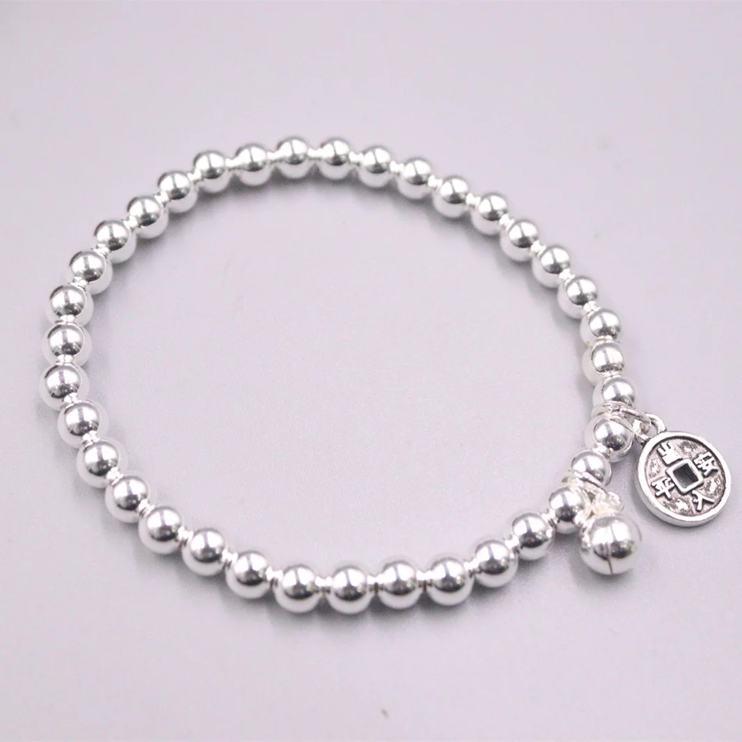 

New Pure 925 Sterling Silver 5mmW Bead with Round Ball Hollow Coin Charm Bracelet for Woman 8-10g