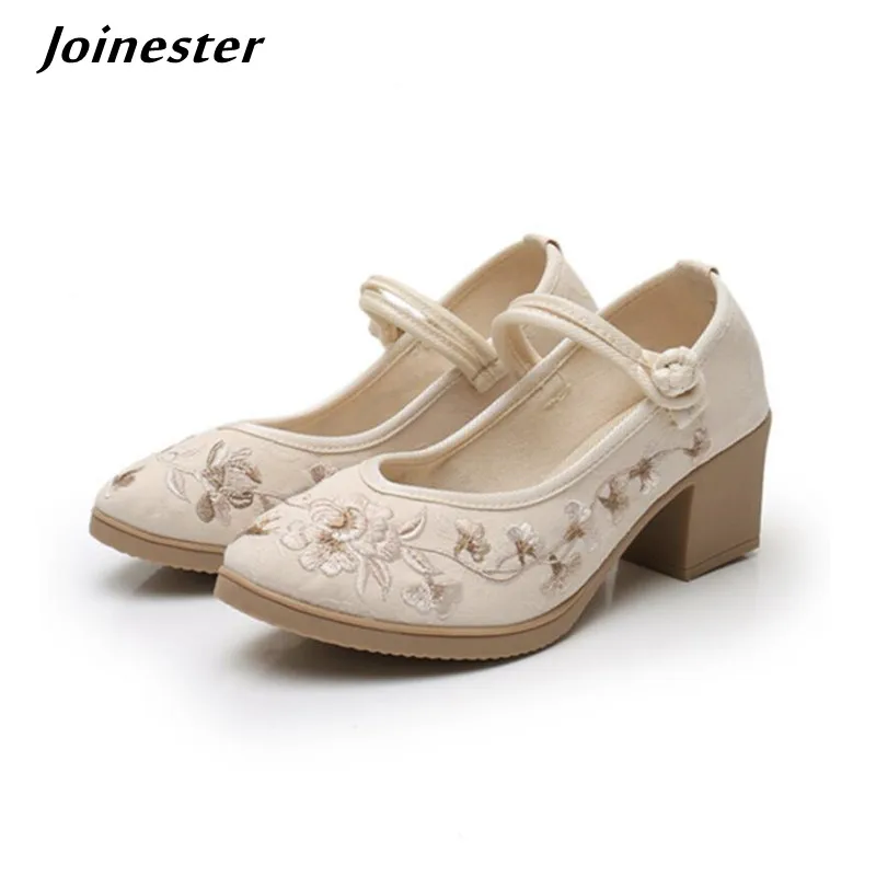 Embroider Cotton Fabric Women Heels туфли женские Ethnic Style Mary Jane Pumps Ladies Summer Sandals Spring Shoes zapatos mujer