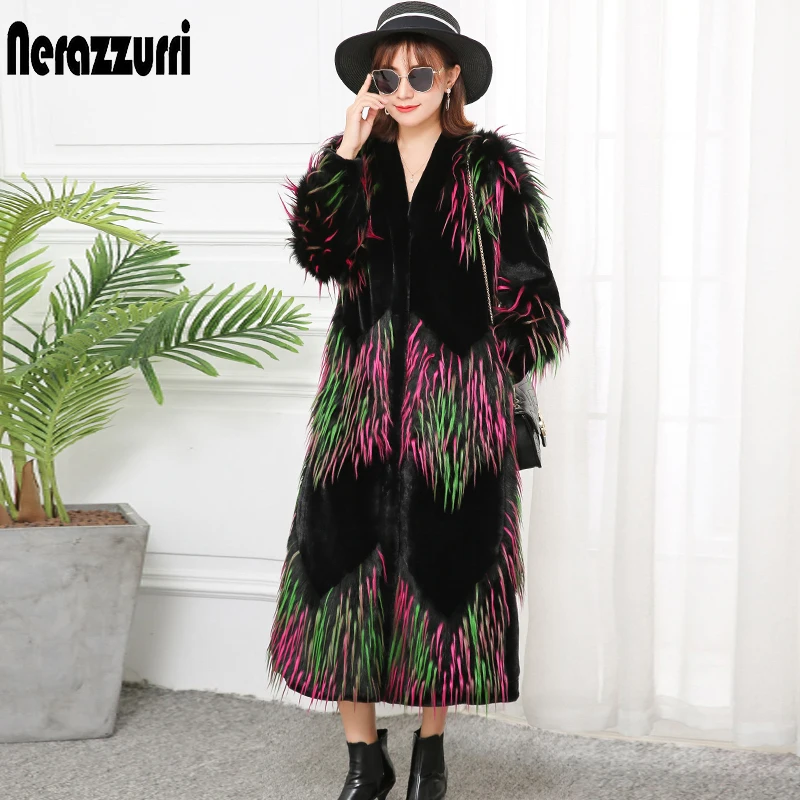 Nerazzurri Winter Multicolor Long Fluffy Patchwork Faux Fur Coat Women Designer Korean Fashion with V Neck Elegant Streetwear