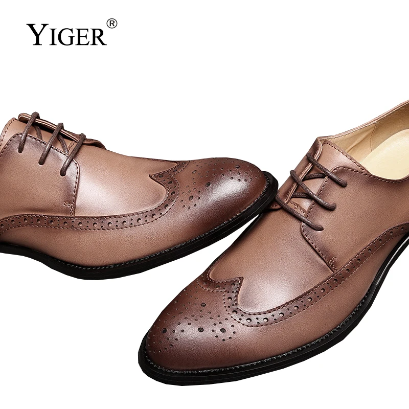 YIGER Men's Dress shoes Business Shoes Man Oxford Shoes Male Formal Bullock Genuine Leather Handmade High Quality Clearance