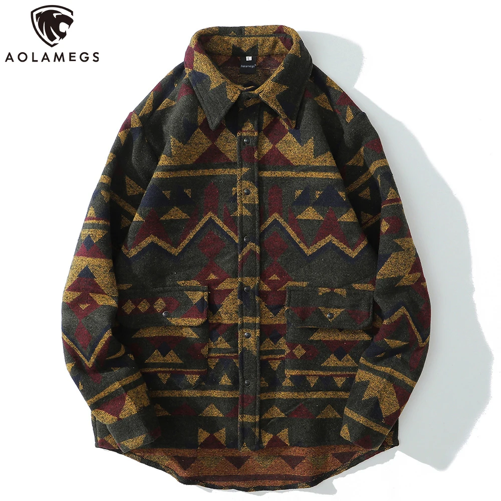 Aolamegs Patchwork Color Retro Geometric Pattern Men Shirt Thick Casual Baggy Big Pockets Harajuku High Street Autumn Streetwear