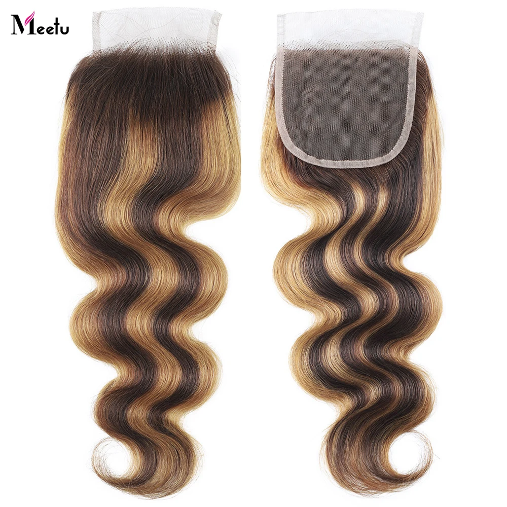 

Meetu Brazilian Ombre Hair Body Wave 4x4 5x5 Lace Closure P4/27 Human Hair Closure Frontal Free Part Highlight Color Hair Weave