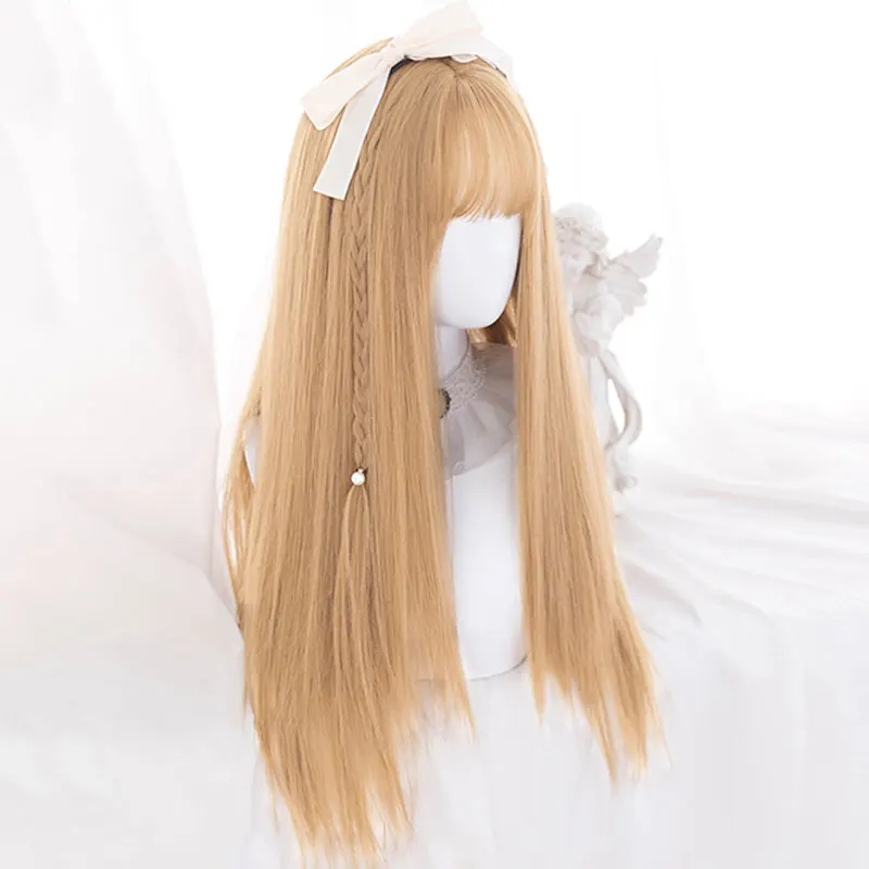 

Synthetic Long Straight Blonde Lolita Hair with Bangs Wig Ombre Cute Party Cosplay Wig for Women Hair Extensions MUMUPI