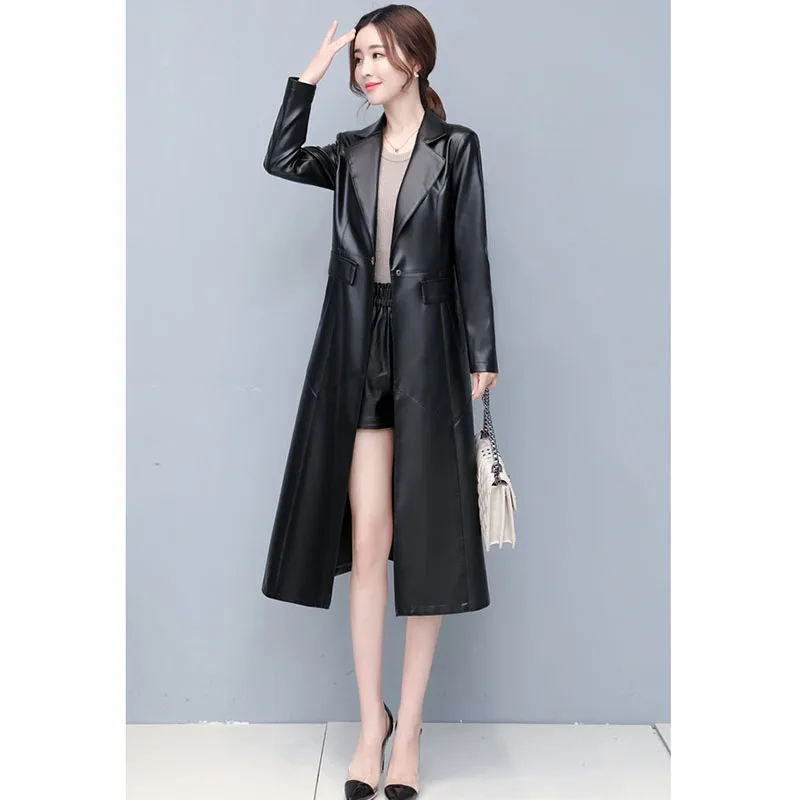 High Quality Women's Leather Coat 2022 Spring Autumn Winter Coat Long Over The knee Leather Jacket Slim Women Windbreaker 5XL