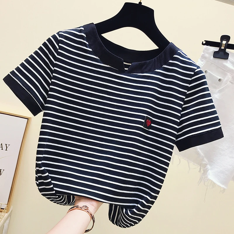 Poleras Mujer 2024 Short Sleeve Stripe Tops Female T Shirt Women Cotton Slim T-Shirt Woman Summer Camiseta Feminina Tshirt Femme