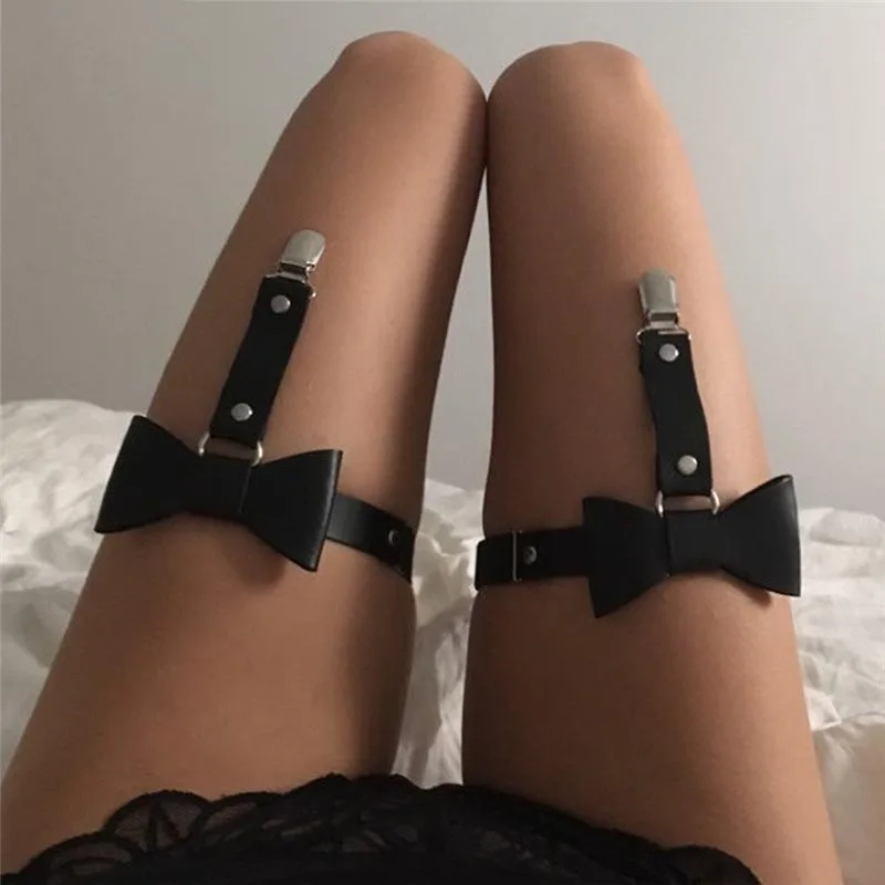 

Women Punk Bowknot Sexy PU Leather Garter Belts Harajuku Elasticity Tight Leg harness Goth Erotic Suspender Strap Bondage Belts