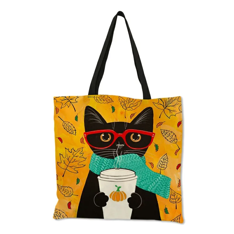 Personalized  Cat Tote Bag For Women Lady Folding Reusable Linen Shopping Bag With Print Travel School Bags Handbag