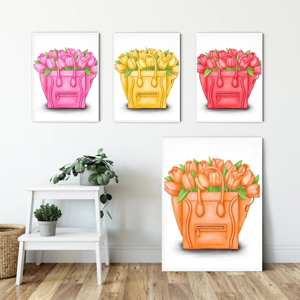 قماش المشارك الوردي الأصفر زهرة توليب حمل حقيبة الشمال مطبوعة طلاء جدران موضة أنثى جدار الفن جدارية لمتجر ديكور المنزل