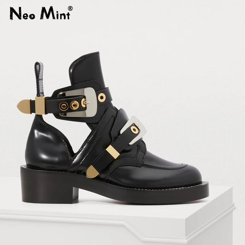 Luxury Brand Designer Silver Gold Buckle Strap Women Boots Double Buckle Ankle Boots for Women Street Style Cut out Punk Shoes