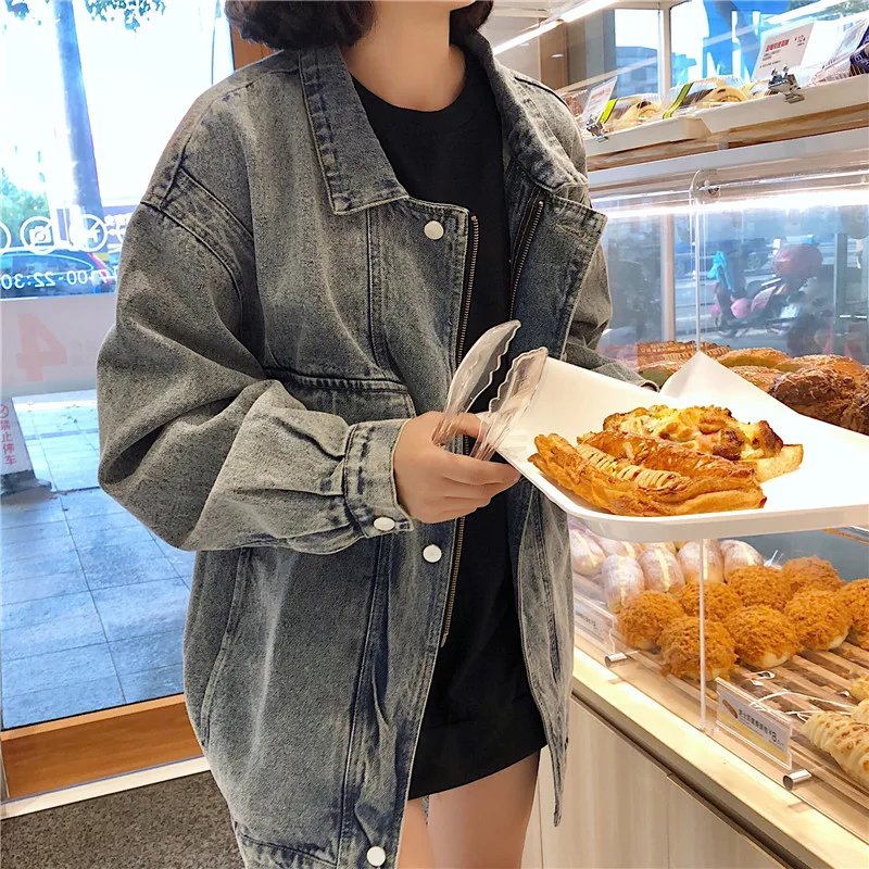 Mùa Thu Người Phụ Nữ Áo Khoác Denim Nữ Vintage Cổ Gập Dài Tay Áo Khoác Jeans Dạo Phố Áo Khoác Và Áo Khoác Nữ