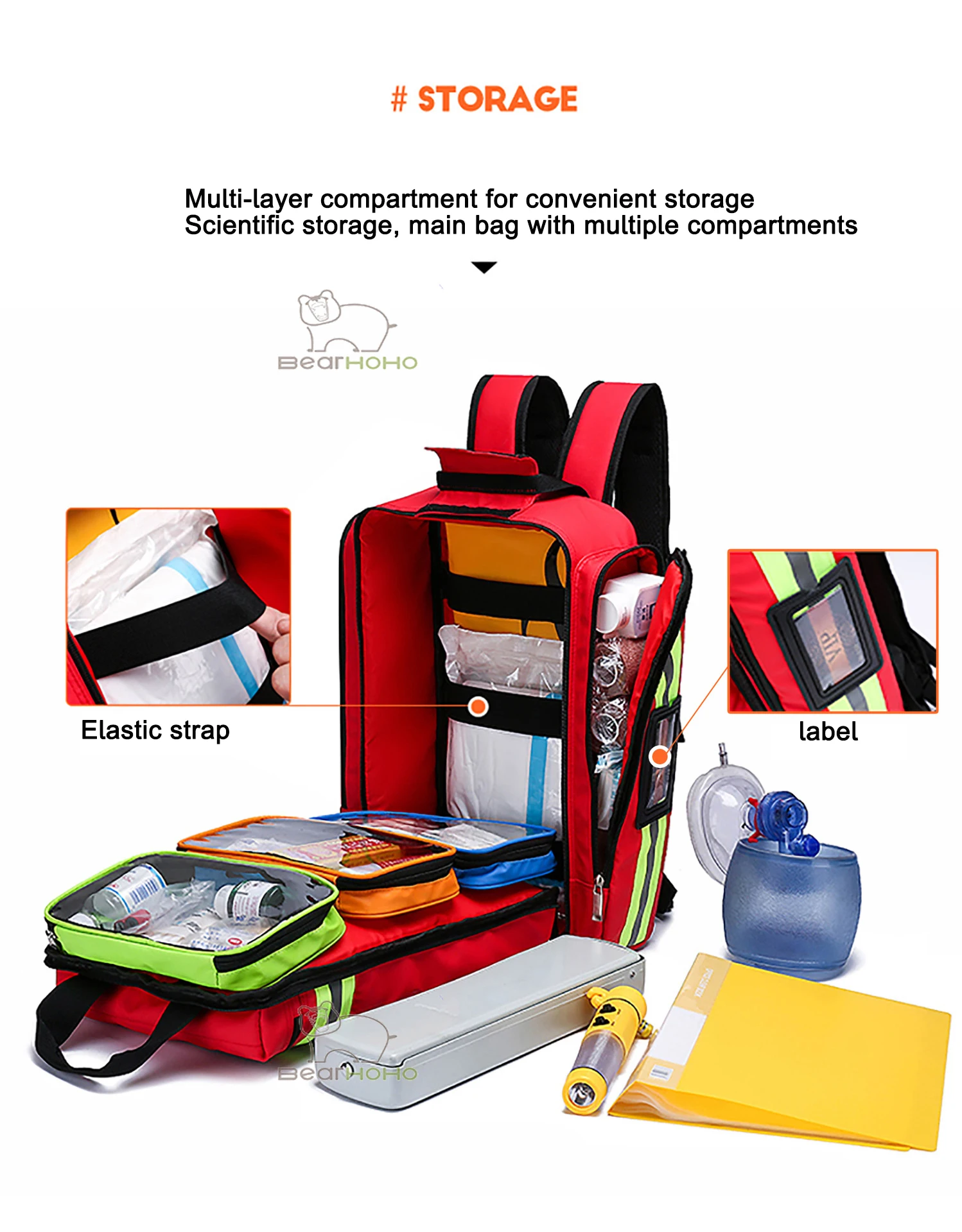 First Aid Kit Emergency Rescue AED Backpack Breathable Large Capacity Camping Travel Medical Storage Bag with Reflective Stripe
