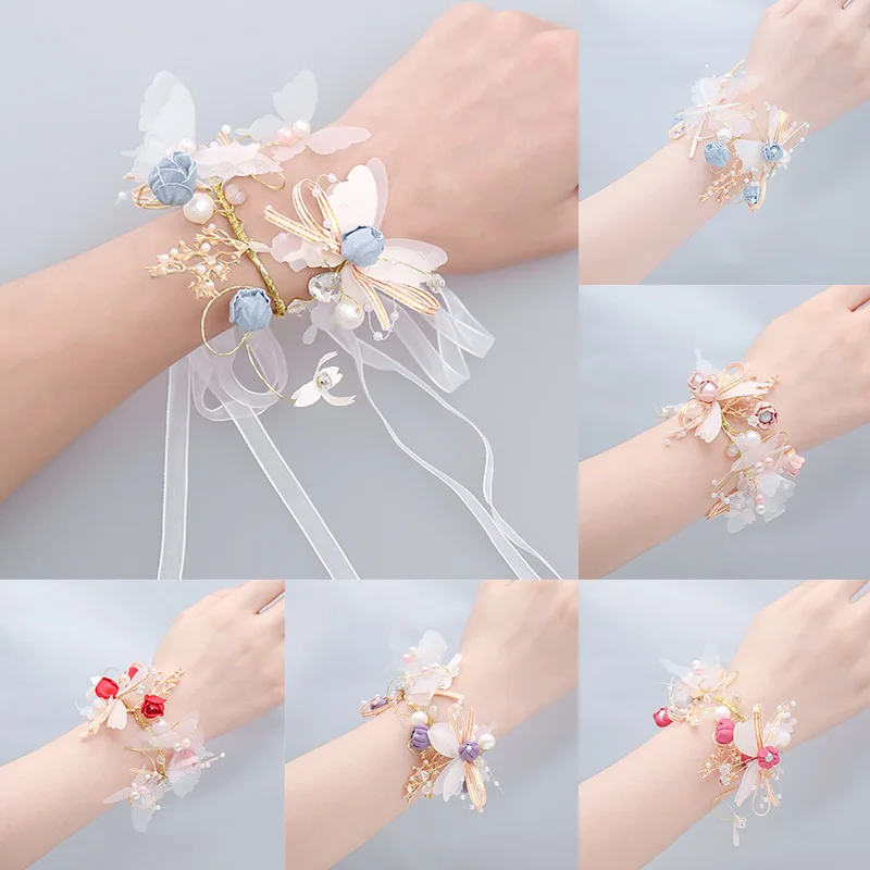 Pearl Crystal Wrist Corsage Bridesmaid Children's Hand Flower Marriage Beautiful Bride Wedding Bracelets Girls Jewelry