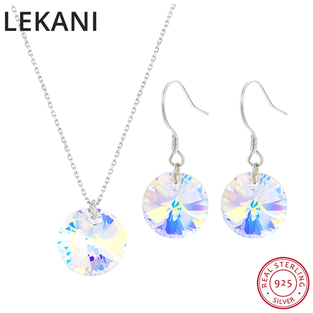 LEKANI Crystals From Austria Jewelry Sets For Women Wedding S925 Silver Round Pendant Necklace Drop Earrings Romantic Accessory