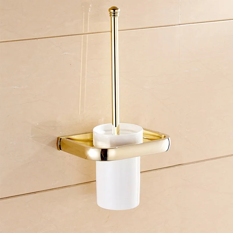 Luxury Gold Brass Square Wall Mounted Toilet Brush Holder For Bathroom Accessories Set Bath Products