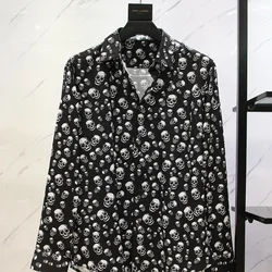 Camisas de manga larga con estampado de calavera para hombre, camisas ajustadas con botones, ropa de calle Hip-hop Y2K, tendencia oscura