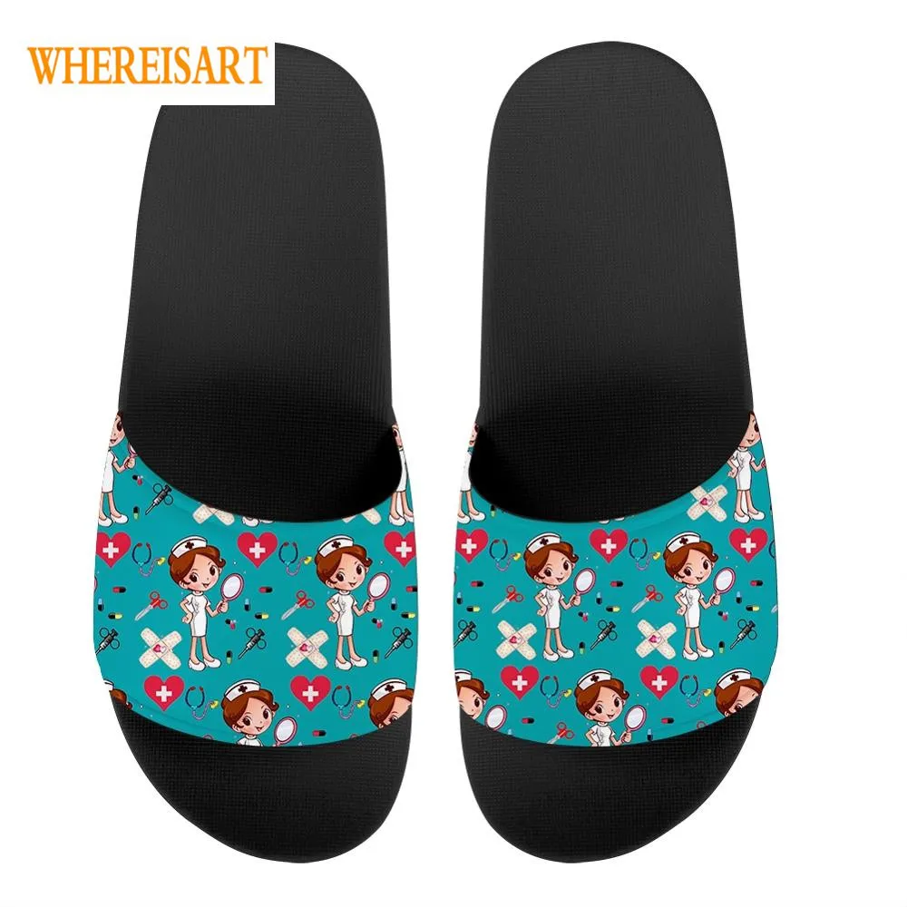 

WHEREISART Women Slippers Cute Caroon Nurse Print Green Woman Open Toe Girl Bathroom Flip Flop Casual Summer Beach Ladies Shoe