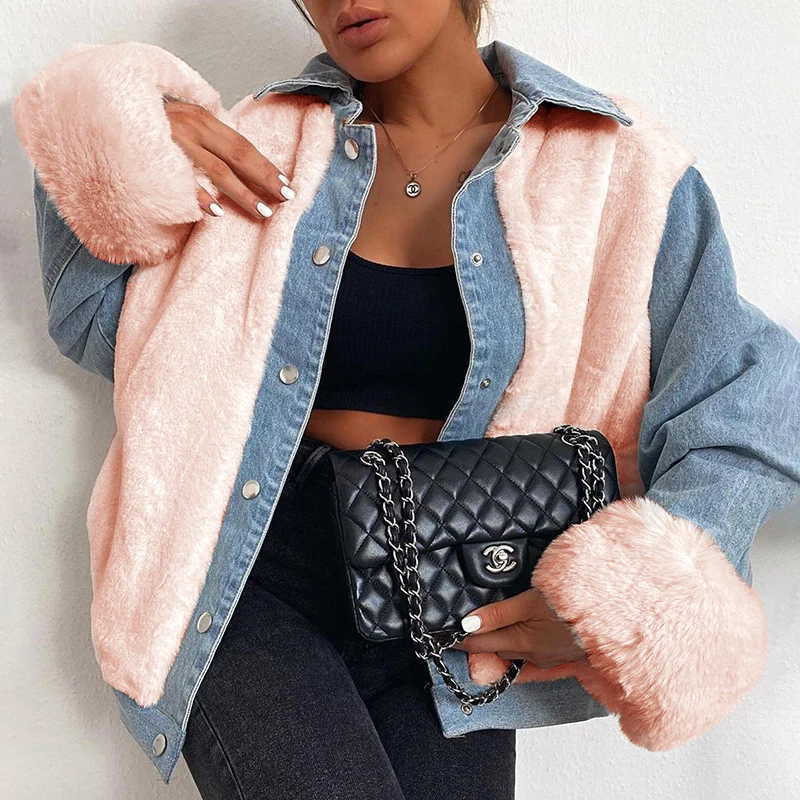 Women Fashion Warm Fleece Denim Patchwork Coat Jacket Lady Fall Winter Casual Loose Long Sleeve Outwear Top Girls Streetwear