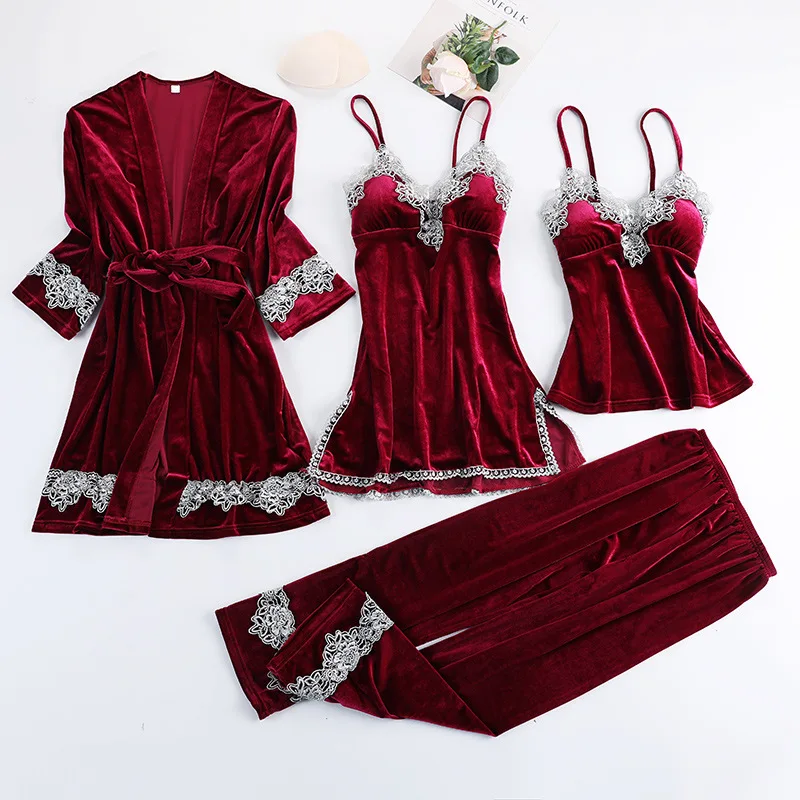 Women Velvet 4 Pieces Pajamas Sets Sling Sexy Lace Velour Sleepwear Winter Autumn Pyjama With Chest Pad Wine Red Robe