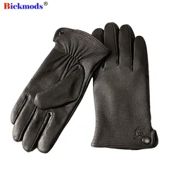 Guantes de piel de venado para hombre, estilo recto, forro grueso de pelo de conejo de imitación, otoño e invierno, conducción al aire libre cálida y fría