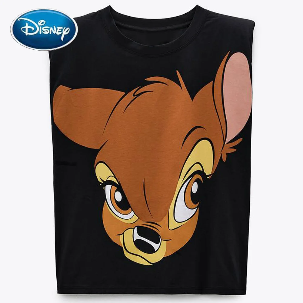 

Disney T-Shirt Vintage Sleeveless Shoulder Pad Bambi Deer Cartoon Print Harajuku Women T-Shirt O-Neck Chic Cotton Tee Top Female