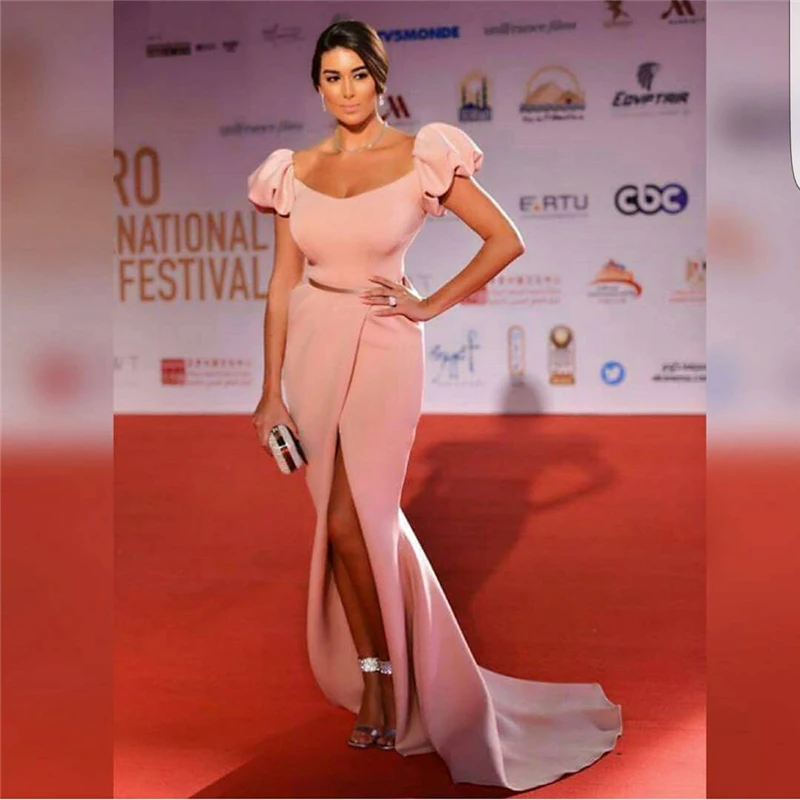 Yousef Aljasmi Mermaid Long Scooped Neck Short Sleeves High Slits Sweep Train Vestido De Festa Cheap From China celebrity dress