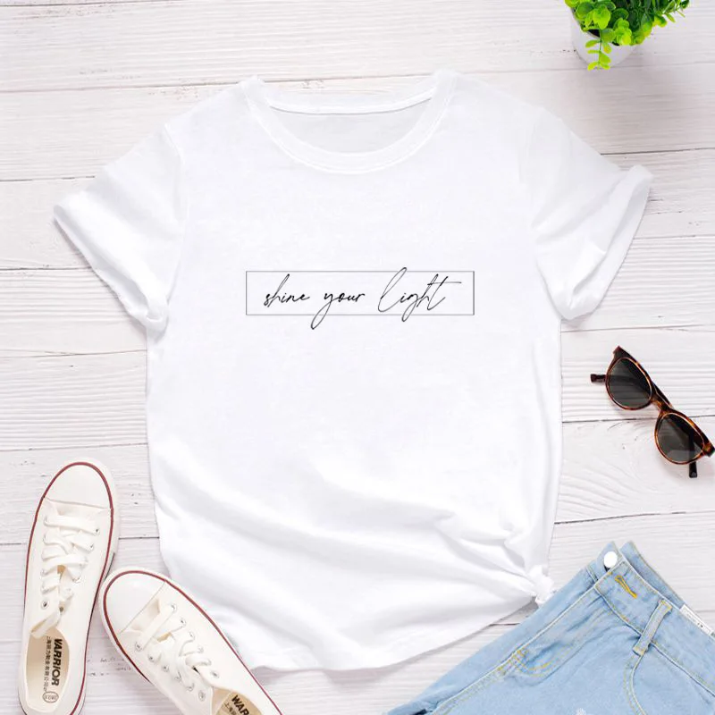 

Ladies Tee Shirt Tops Camisetas Mujer Shine Your Light Letter Print Women T Short Sleeve O Neck Loose Tshirt