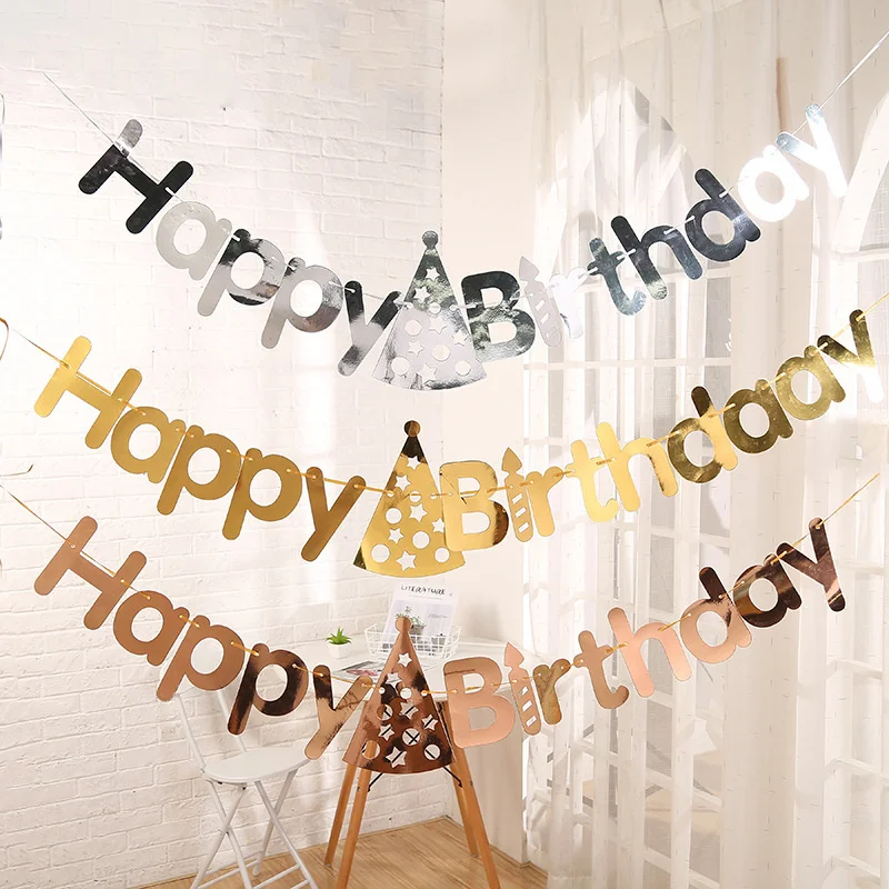 Happy birthday pull flag hot gold and silver bunting birthday letter pull flower banner party decoration baby shower