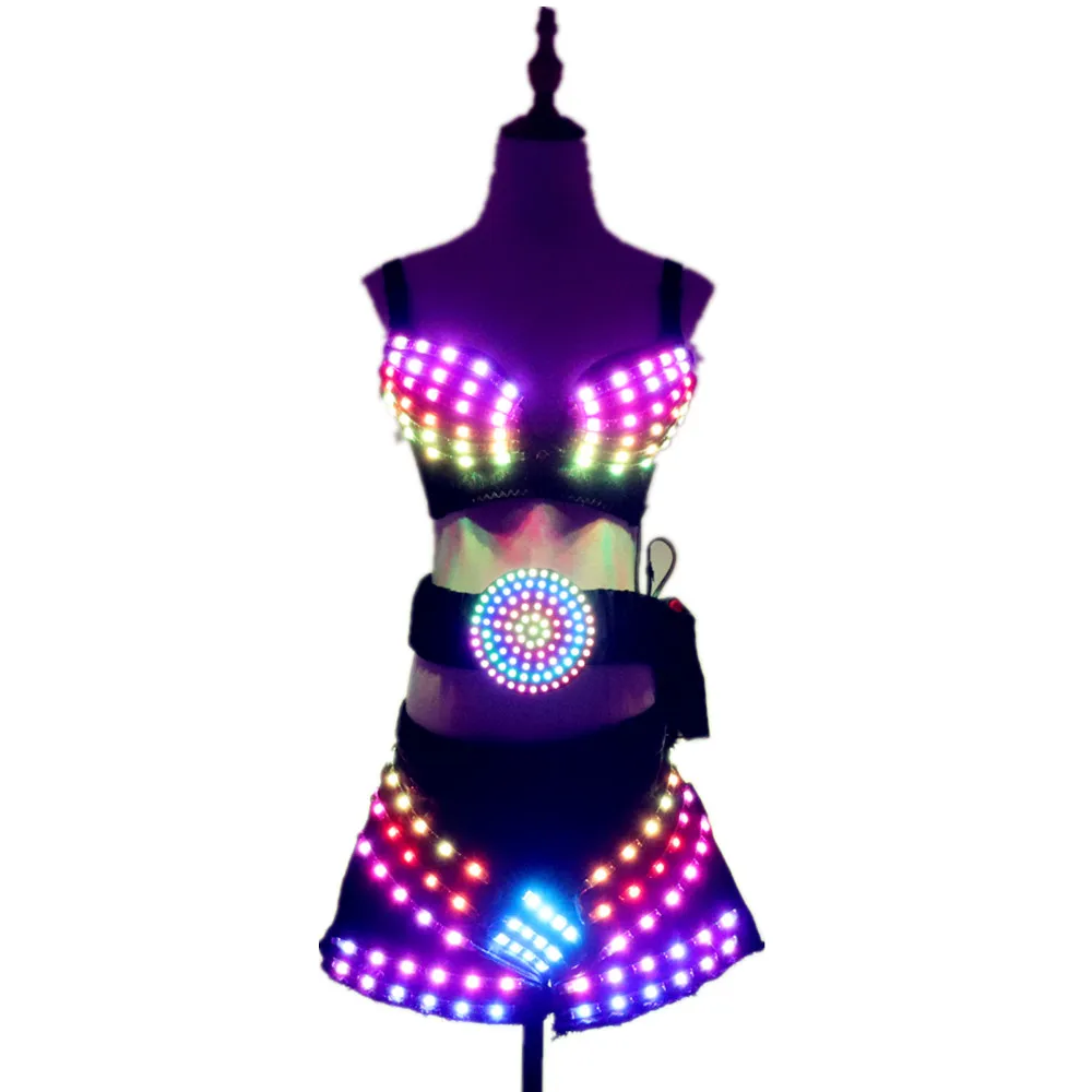 Full Color Led Luminous Light Party Skirt Sexy Girl Led Light Up Costumes With Led Belt Ballroom Dance Outfit DJ DS Bra Suit