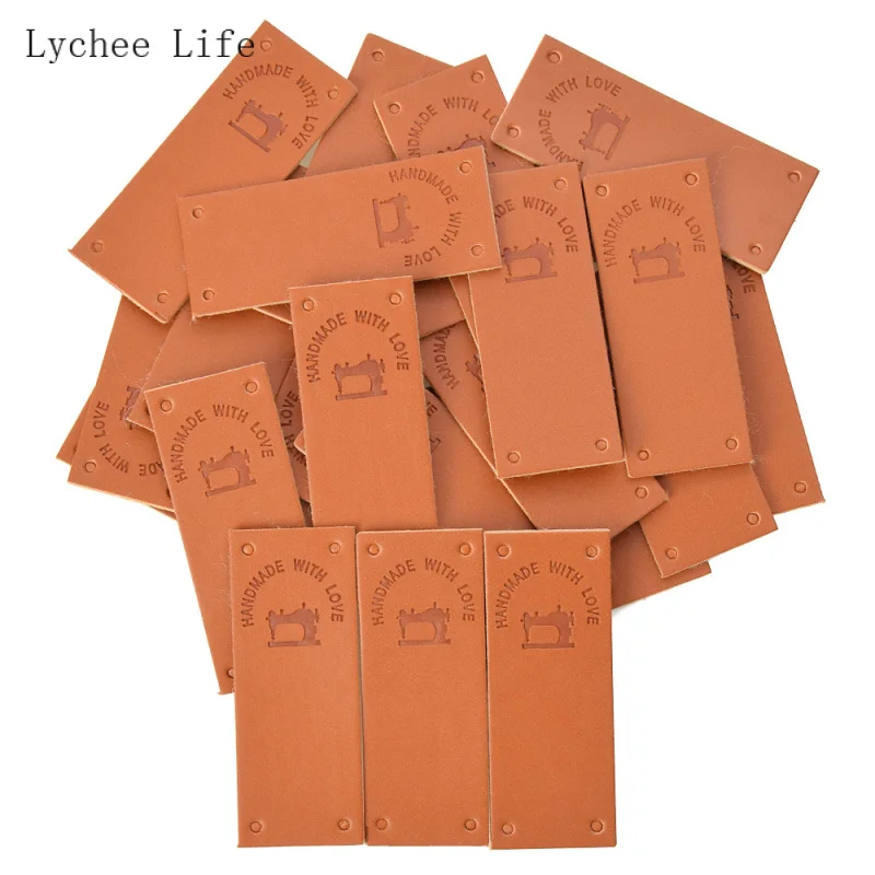 Lychee Life 24Pcs/lot Made With Love Handmade PU Leather Labels Rectangle Shaped Garment Label Tags Diy Sewing Crafts