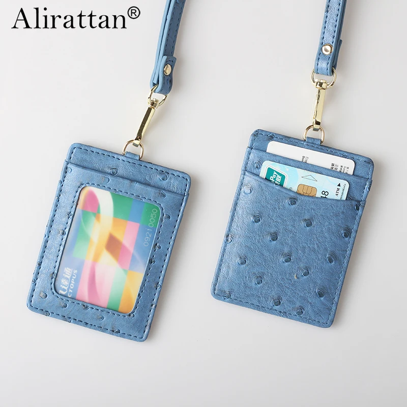 Alirattan Luxury Brand 2024 High-Quality Custom Embossed Ostrich Pattern Leather Employee Name Badge ID Card Holder And Lanyard