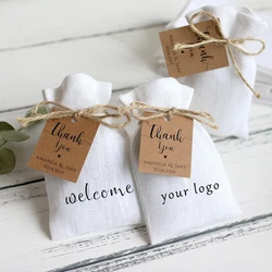 100 Personalized Print Logo Linen Cotton Drawstring Gift Bags Velvet Jewelry Packaging Pouches White Wedding Favor Candy Bags