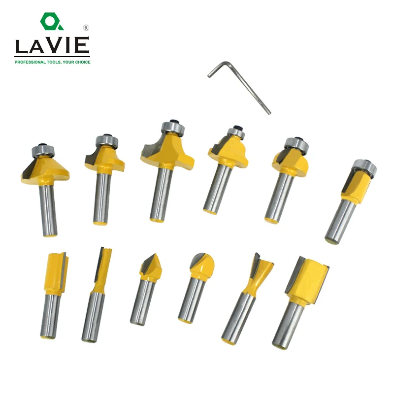 LAVIE 12pcs 8mm Router Bit Set Trimming Straight Milling Cutter Wood Bits Tungsten Carbide Cutting Woodworking Trimming MC02006