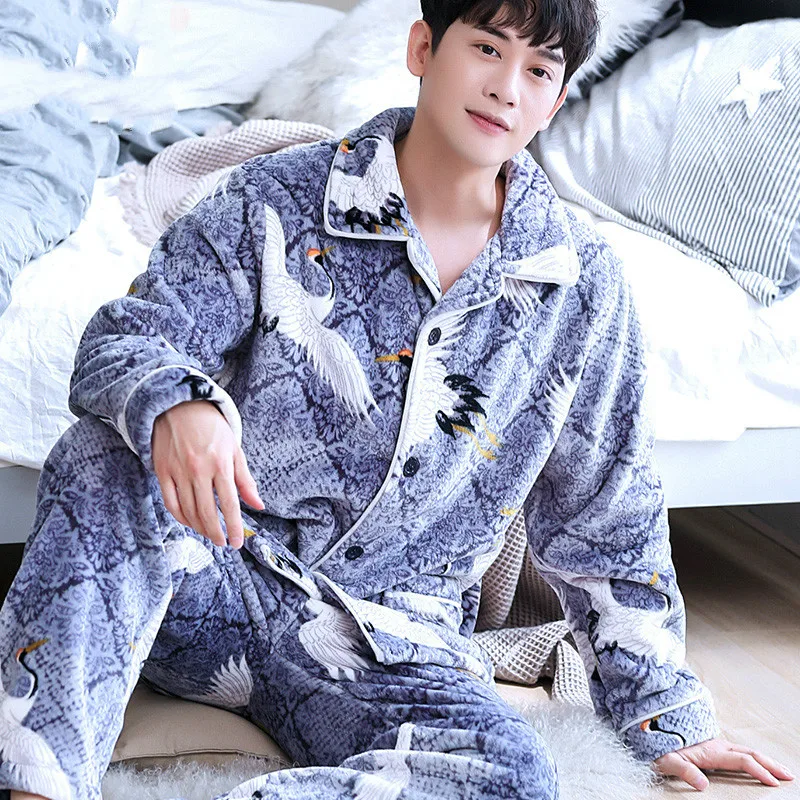 

H5888 Men Pajamas Set Thickened Coral Fleece Long Sleeve Student Sleepwear Loose Large Size Flannel Autumn Winter Home Clothes
