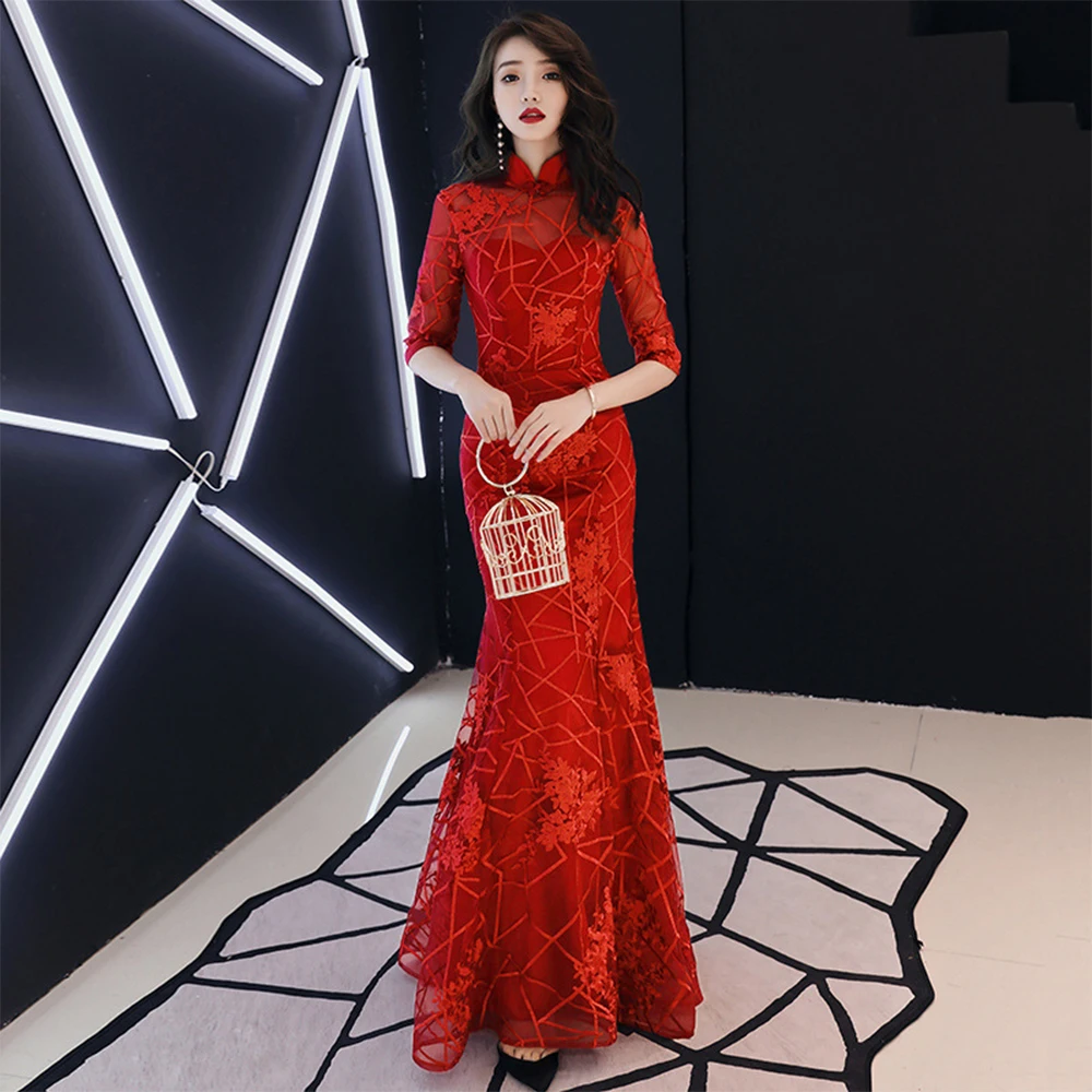 Mandarin Collar Women Qipao Red Bridal Wedding Mermaid Dress Slim Elegant Cheongsam Vintage Button Big Size 3XL Maxi Dress