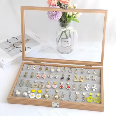 Transparent Lid Jewelry Box Wooden Storage Box Grid Jewelry Tray Showcase Lockable Jewelry Storage Organizer Earrings Necklace