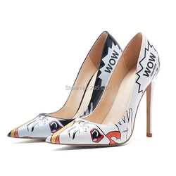 Top Brand White Black Printed High Heel Shoes Celebrity Popular Shallow Pumps 12cm Stiletto Heels Shoes 12CM Stage Shoes